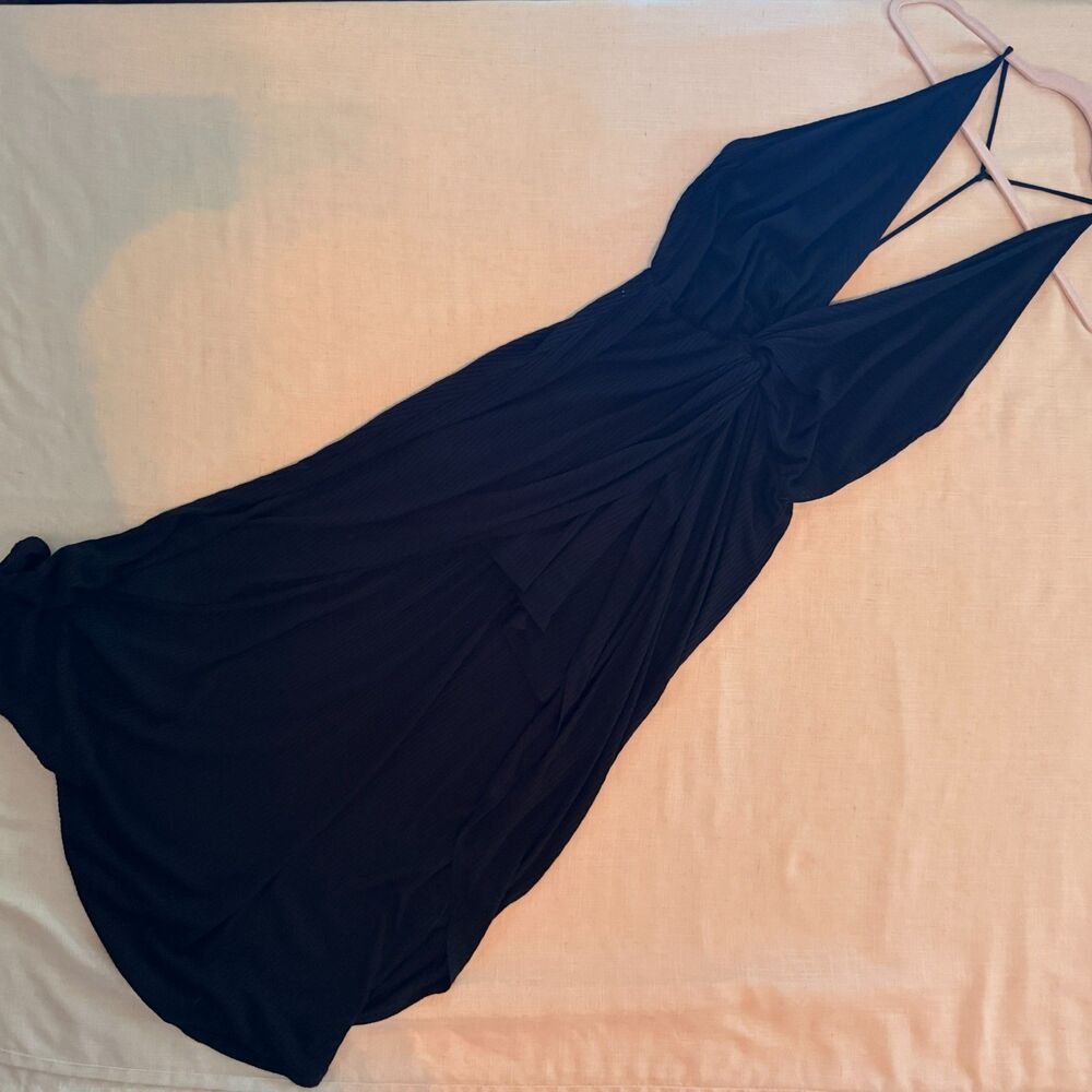 Free People Beach black ribbed maxi with layered skirt deep plunge open back M
